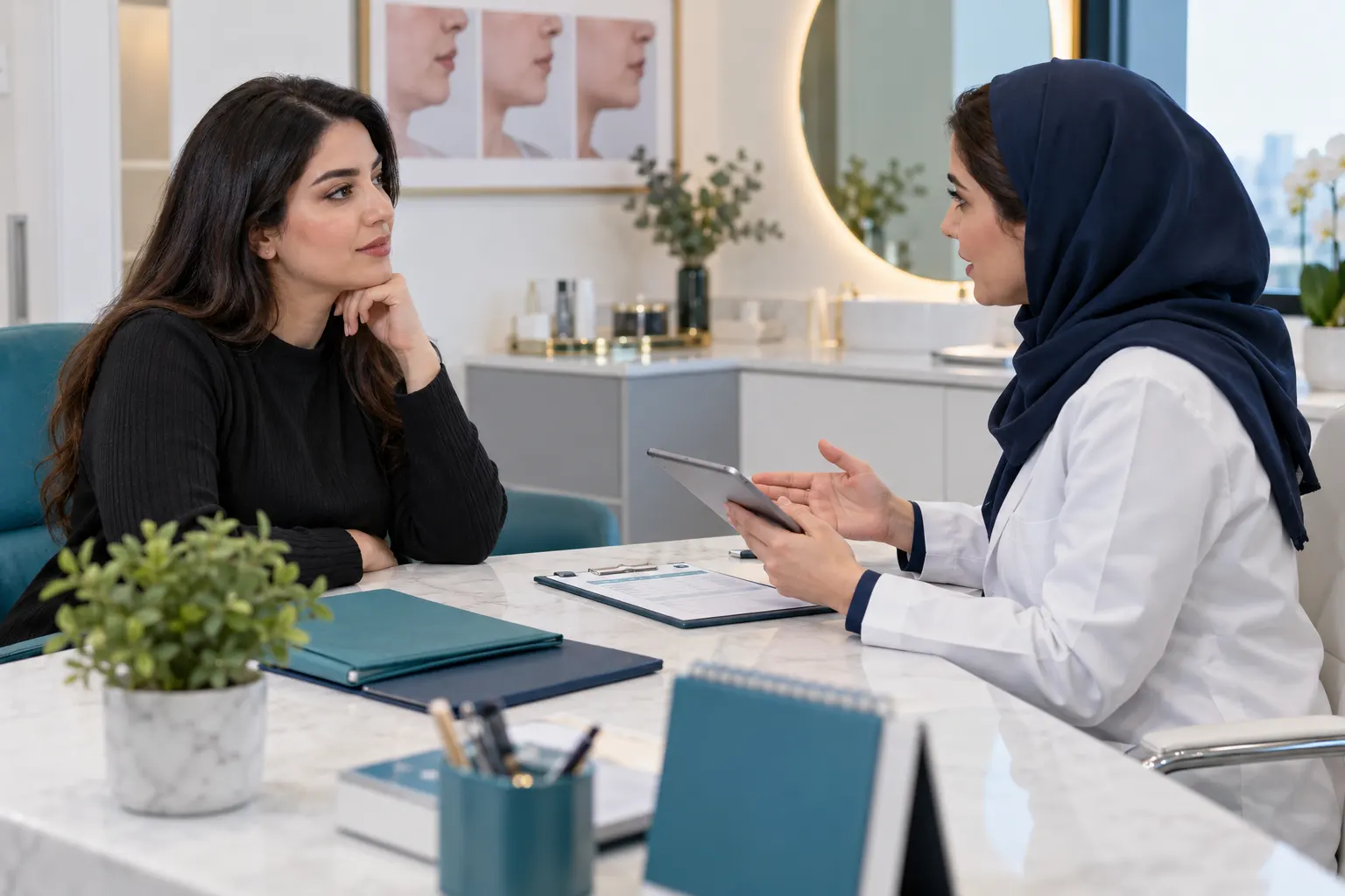 فضای مشاوره کلینیک برای ارزیابی شرایط فرد پیش از ساکشن غبغب